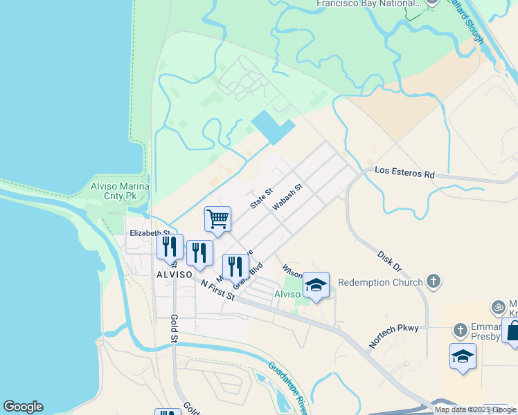 map of restaurants, bars, coffee shops, grocery stores, and more near 1391 State Street in San Jose