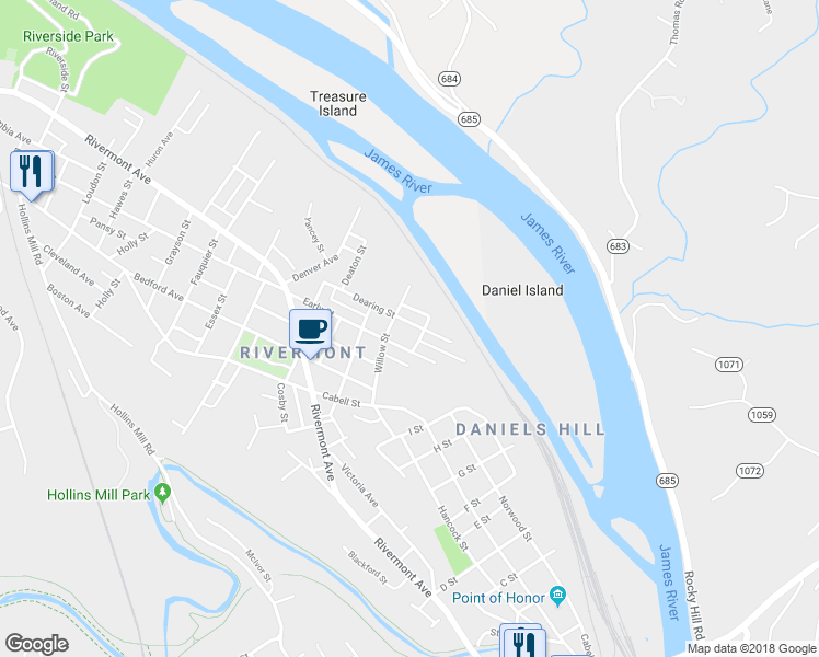 map of restaurants, bars, coffee shops, grocery stores, and more near 913 Dearing Street in Lynchburg