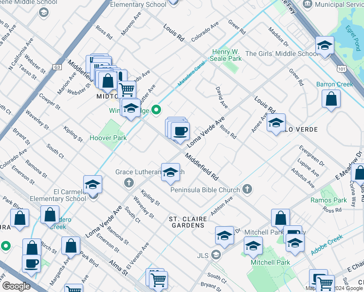 map of restaurants, bars, coffee shops, grocery stores, and more near 3193 Middlefield Road in Palo Alto