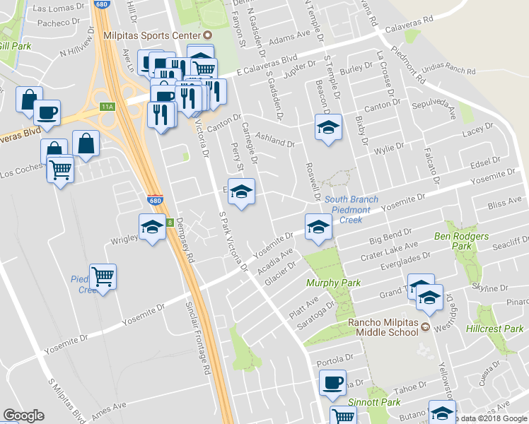 map of restaurants, bars, coffee shops, grocery stores, and more near 447 Carnegie Drive in Milpitas