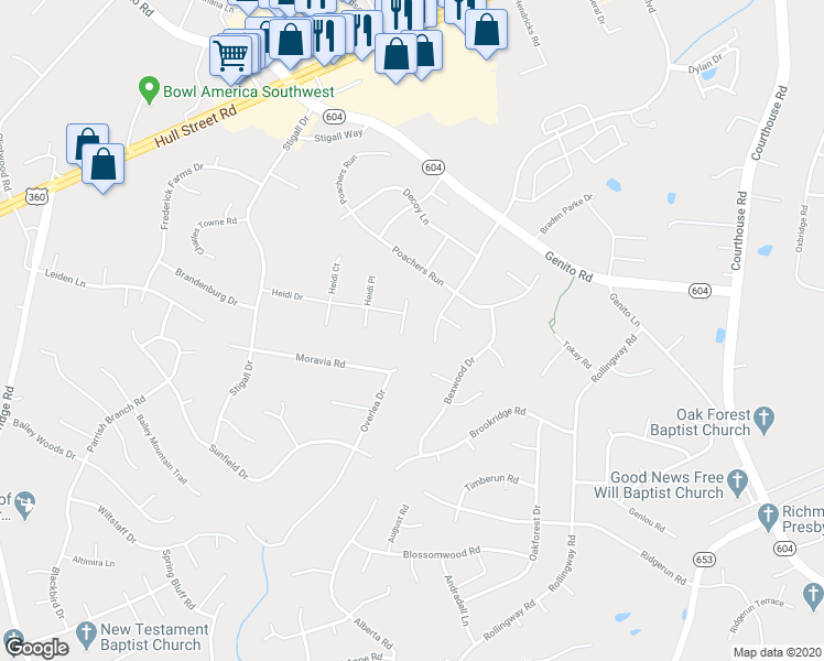 map of restaurants, bars, coffee shops, grocery stores, and more near 4511 Heidi Terrace in Midlothian