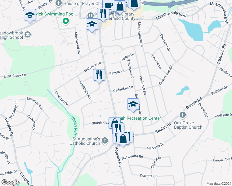 map of restaurants, bars, coffee shops, grocery stores, and more near 4223 Cedardale Lane in Richmond