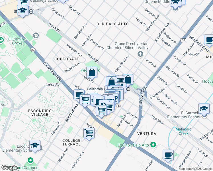 map of restaurants, bars, coffee shops, grocery stores, and more near 254 College Avenue in Palo Alto