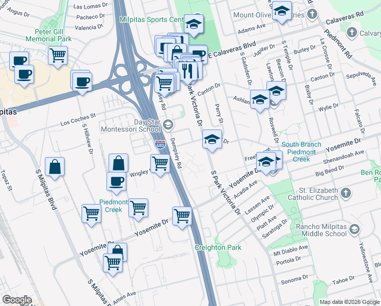 map of restaurants, bars, coffee shops, grocery stores, and more near 472 Dempsey Road in Milpitas