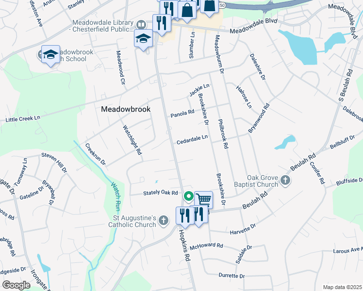 map of restaurants, bars, coffee shops, grocery stores, and more near 4223 Cedardale Lane in Richmond