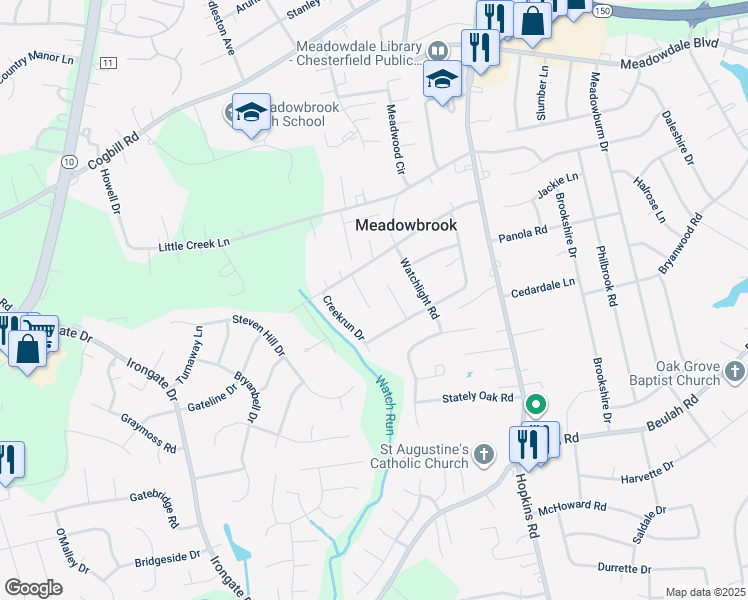 map of restaurants, bars, coffee shops, grocery stores, and more near 6525 Watchrun Court in Richmond