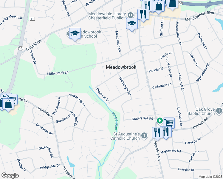 map of restaurants, bars, coffee shops, grocery stores, and more near 6525 Watchrun Court in Richmond
