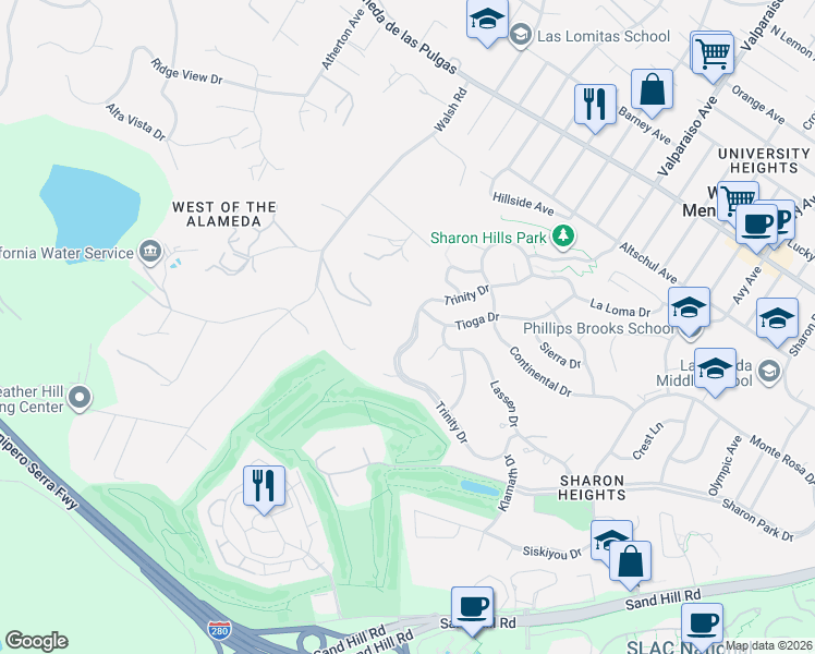 map of restaurants, bars, coffee shops, grocery stores, and more near 1185 Trinity Drive in Menlo Park