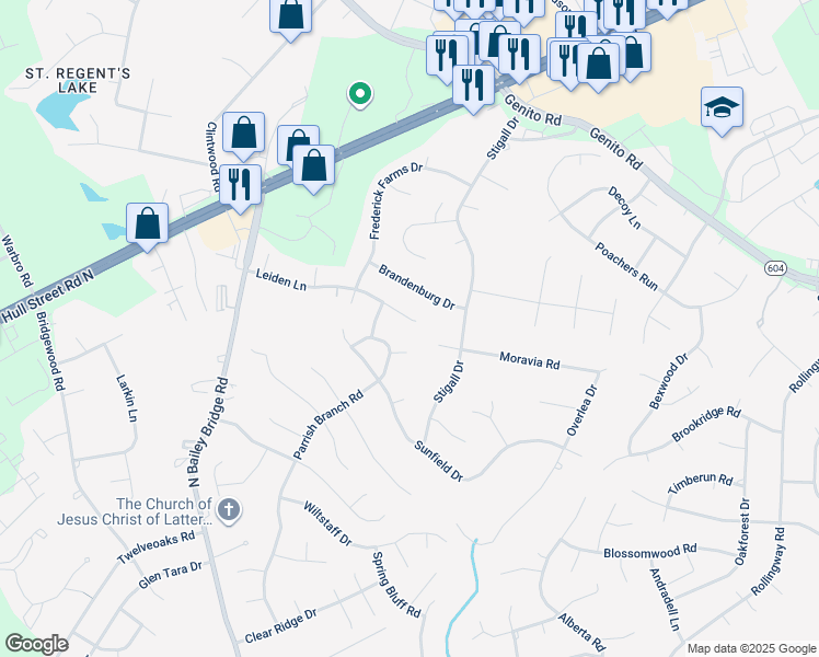 map of restaurants, bars, coffee shops, grocery stores, and more near 11503 Leiden Ln in Midlothian