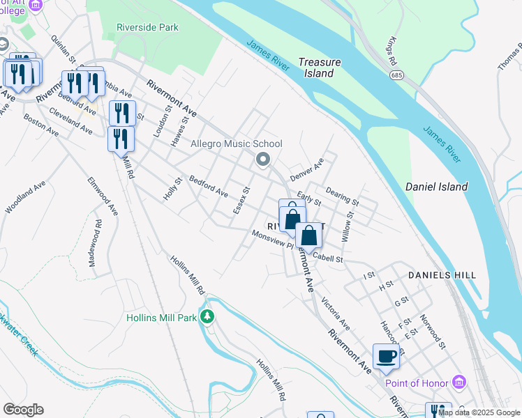 map of restaurants, bars, coffee shops, grocery stores, and more near 1501 Bedford Avenue in Lynchburg