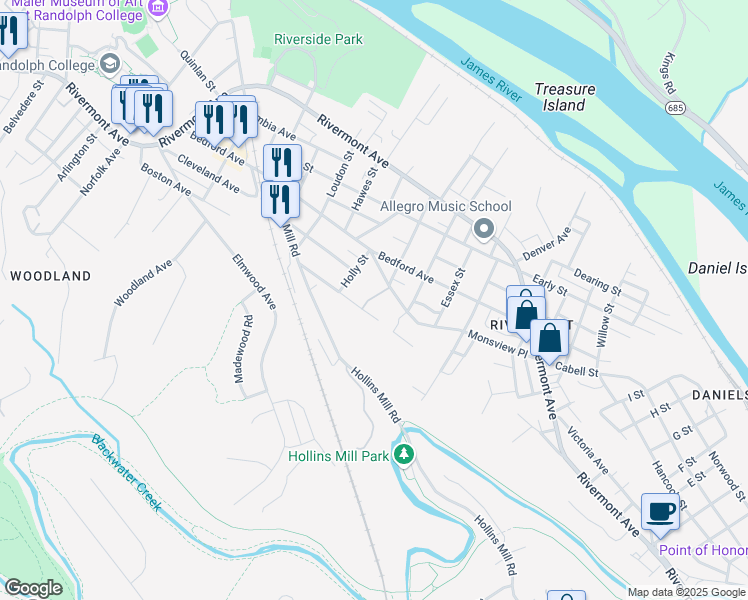 map of restaurants, bars, coffee shops, grocery stores, and more near 1721 Monsview Place in Lynchburg