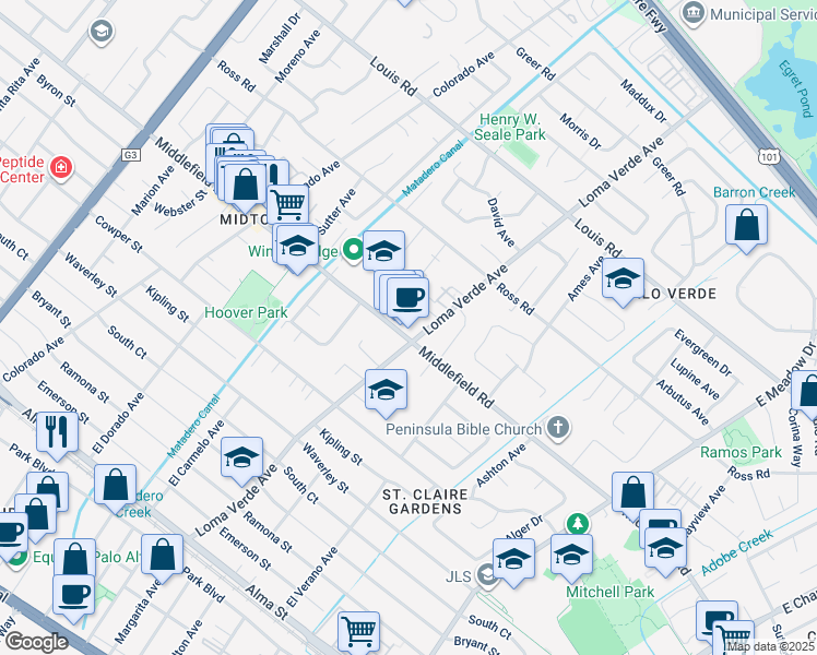 map of restaurants, bars, coffee shops, grocery stores, and more near 3193 Middlefield Road in Palo Alto