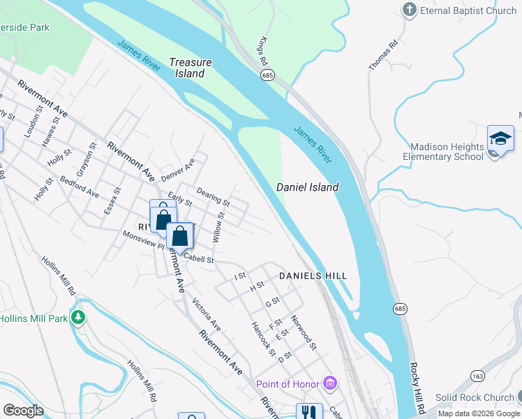 map of restaurants, bars, coffee shops, grocery stores, and more near 801 Dearing Street in Lynchburg