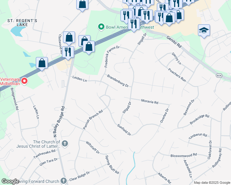 map of restaurants, bars, coffee shops, grocery stores, and more near 11503 Leiden Ln in Midlothian
