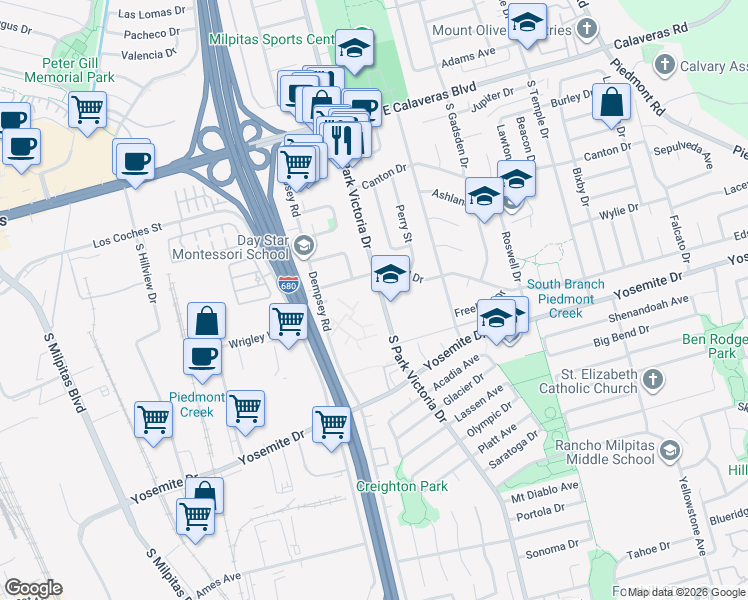 map of restaurants, bars, coffee shops, grocery stores, and more near 409 South Park Victoria Drive in Milpitas