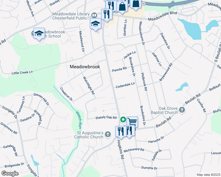 map of restaurants, bars, coffee shops, grocery stores, and more near 6608 Hopkins Road in Richmond