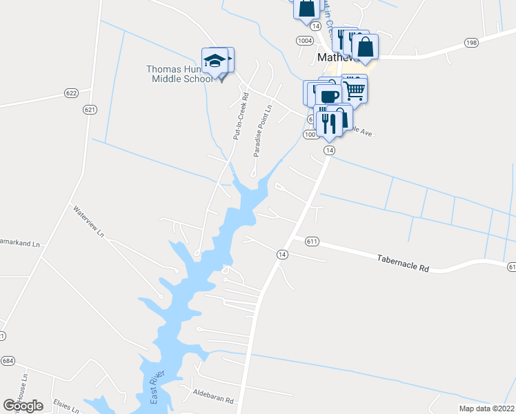 map of restaurants, bars, coffee shops, grocery stores, and more near 596 Main Street in Mathews