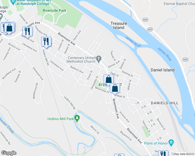 map of restaurants, bars, coffee shops, grocery stores, and more near 1348 Bedford Avenue in Lynchburg