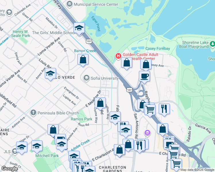 map of restaurants, bars, coffee shops, grocery stores, and more near 3722 Feather Lane in Palo Alto