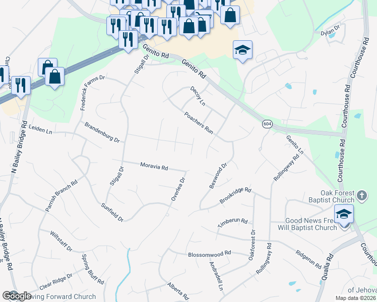 map of restaurants, bars, coffee shops, grocery stores, and more near 4510 Heidi Terrace in Midlothian