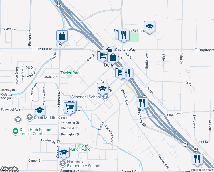map of restaurants, bars, coffee shops, grocery stores, and more near 9716 Hinton Avenue in Delhi
