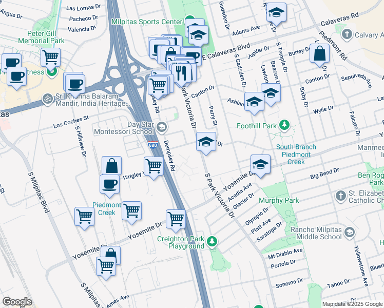 map of restaurants, bars, coffee shops, grocery stores, and more near 496 Dempsey Road in Milpitas
