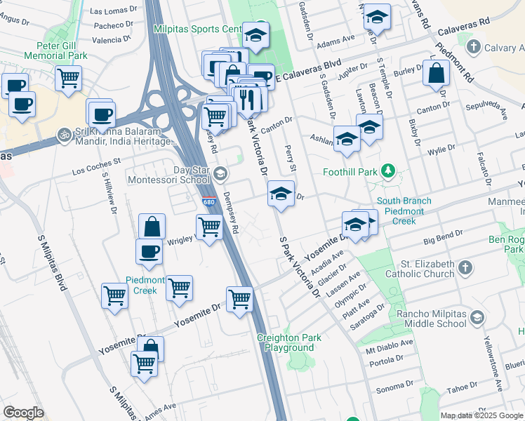 map of restaurants, bars, coffee shops, grocery stores, and more near 496 Dempsey Road in Milpitas