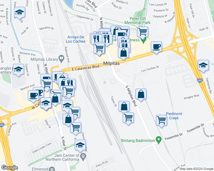 map of restaurants, bars, coffee shops, grocery stores, and more near 112 Chysis Road in Milpitas