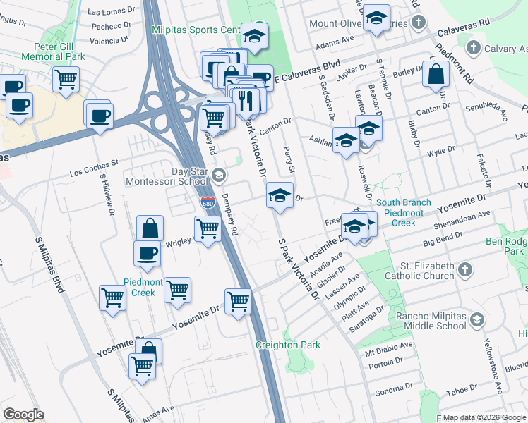 map of restaurants, bars, coffee shops, grocery stores, and more near 409 South Park Victoria Drive in Milpitas