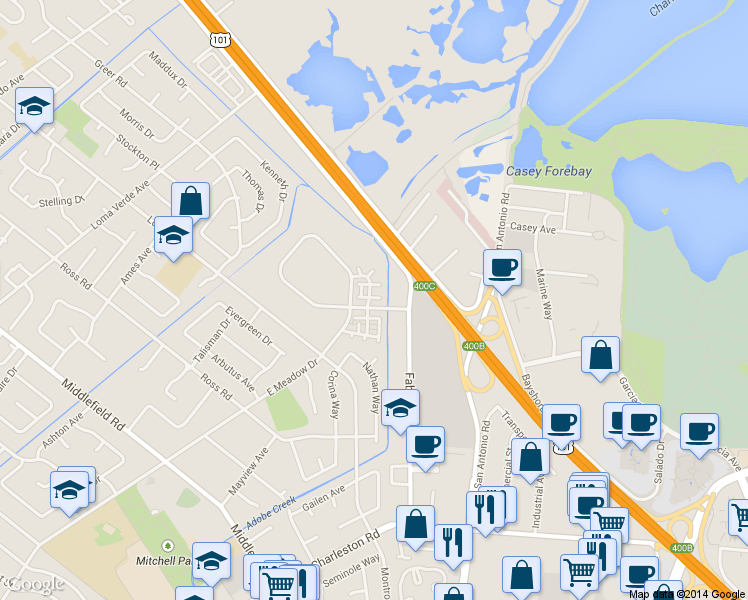 map of restaurants, bars, coffee shops, grocery stores, and more near 3722 Feather Lane in Palo Alto