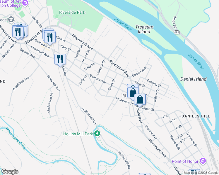map of restaurants, bars, coffee shops, grocery stores, and more near 515 Essex Street in Lynchburg