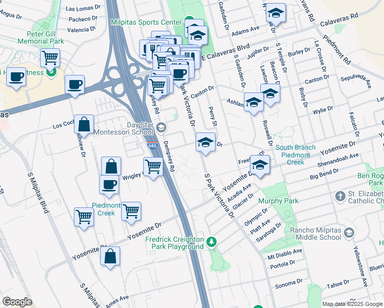 map of restaurants, bars, coffee shops, grocery stores, and more near 496 Dempsey Road in Milpitas