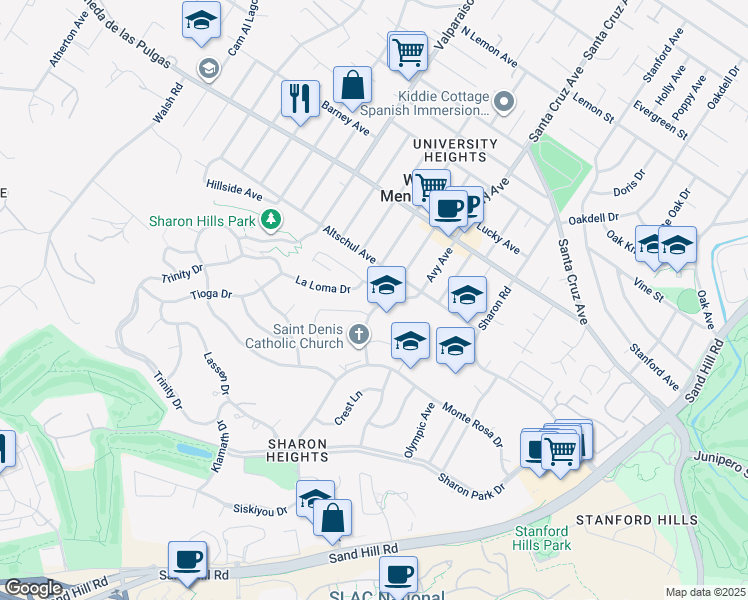 map of restaurants, bars, coffee shops, grocery stores, and more near 2240 Avy Avenue in Menlo Park
