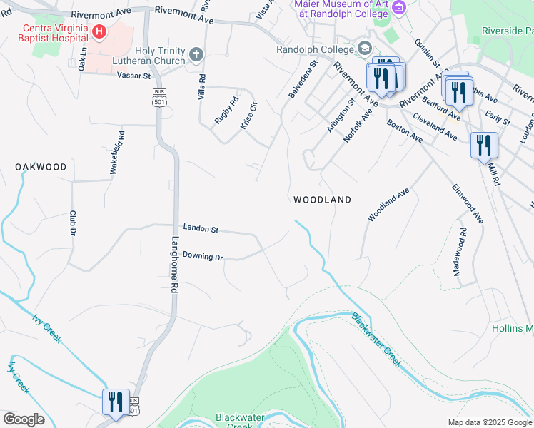 map of restaurants, bars, coffee shops, grocery stores, and more near 3200 Landon Street in Lynchburg