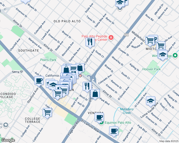map of restaurants, bars, coffee shops, grocery stores, and more near 2351 High Street in Palo Alto