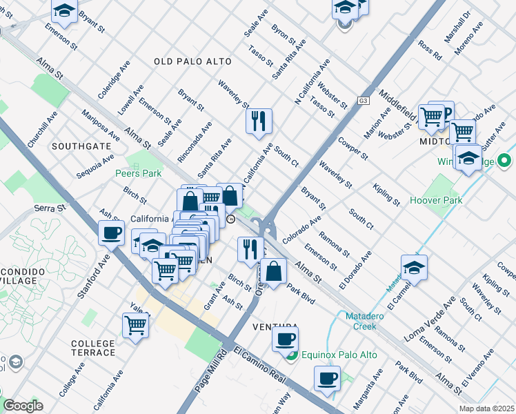 map of restaurants, bars, coffee shops, grocery stores, and more near 2351 High Street in Palo Alto