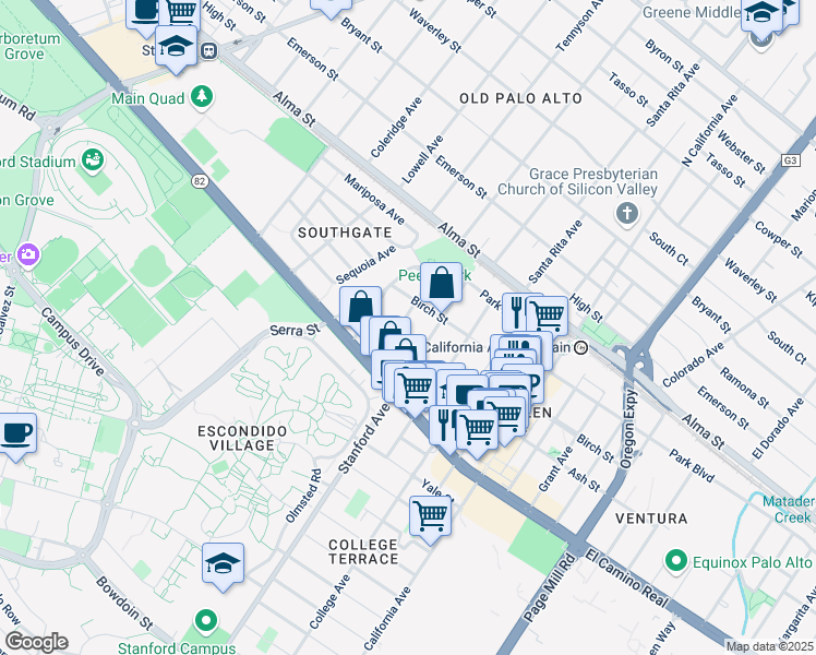 map of restaurants, bars, coffee shops, grocery stores, and more near 351 Leland Avenue in Palo Alto