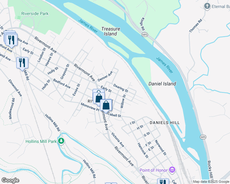 map of restaurants, bars, coffee shops, grocery stores, and more near 1106 Early Street in Lynchburg