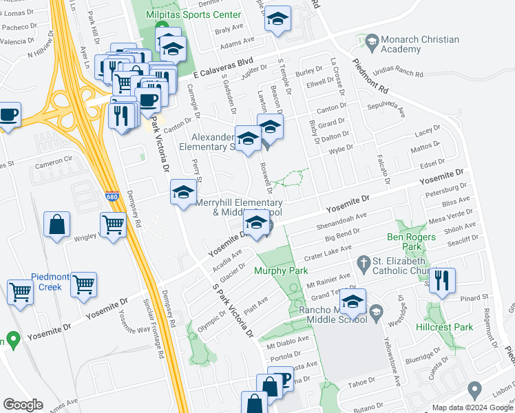 map of restaurants, bars, coffee shops, grocery stores, and more near 1469 Freeland Drive in Milpitas