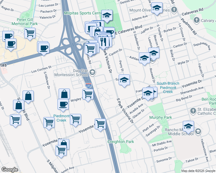 map of restaurants, bars, coffee shops, grocery stores, and more near 468 Dempsey Road in Milpitas