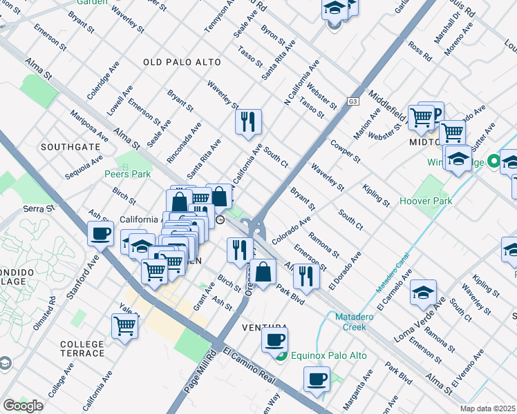 map of restaurants, bars, coffee shops, grocery stores, and more near 2436 Emerson Street in Palo Alto