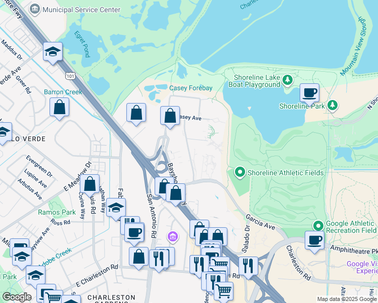 map of restaurants, bars, coffee shops, grocery stores, and more near Marine Way in Mountain View