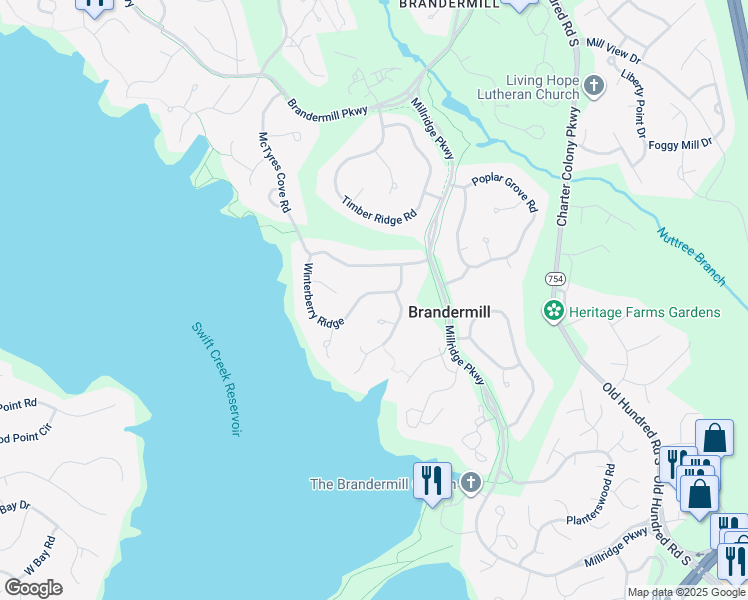 map of restaurants, bars, coffee shops, grocery stores, and more near 13810 Winterberry Ridge in Midlothian