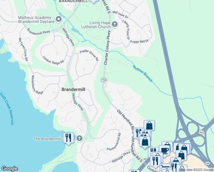 map of restaurants, bars, coffee shops, grocery stores, and more near 4311 Old Hundred Road South in Midlothian