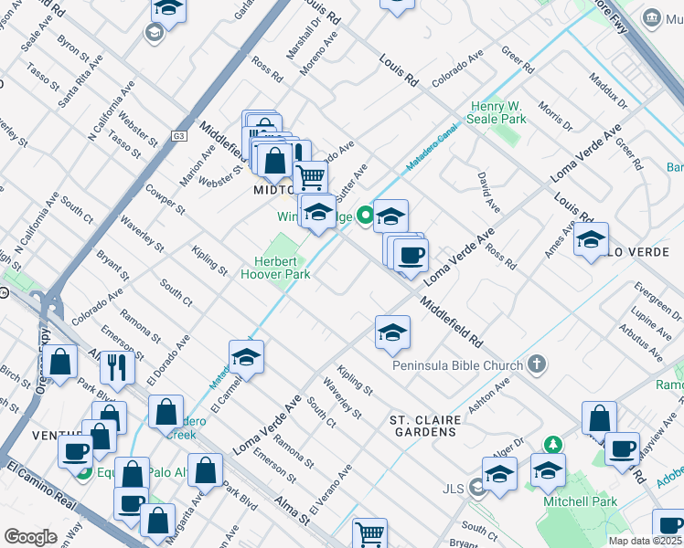 map of restaurants, bars, coffee shops, grocery stores, and more near 654 Wellsbury Way in Palo Alto