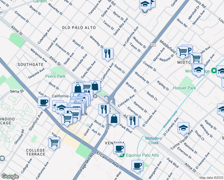 map of restaurants, bars, coffee shops, grocery stores, and more near 2436 Emerson Street in Palo Alto
