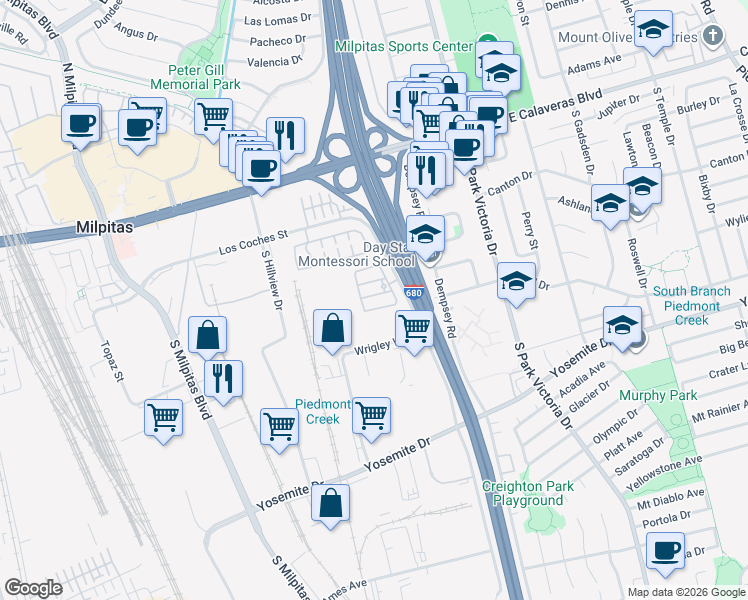 map of restaurants, bars, coffee shops, grocery stores, and more near 320 Gerald Circle in Milpitas