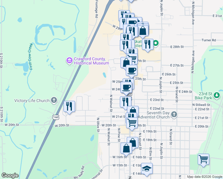 map of restaurants, bars, coffee shops, grocery stores, and more near 199 W 24th St in Pittsburg