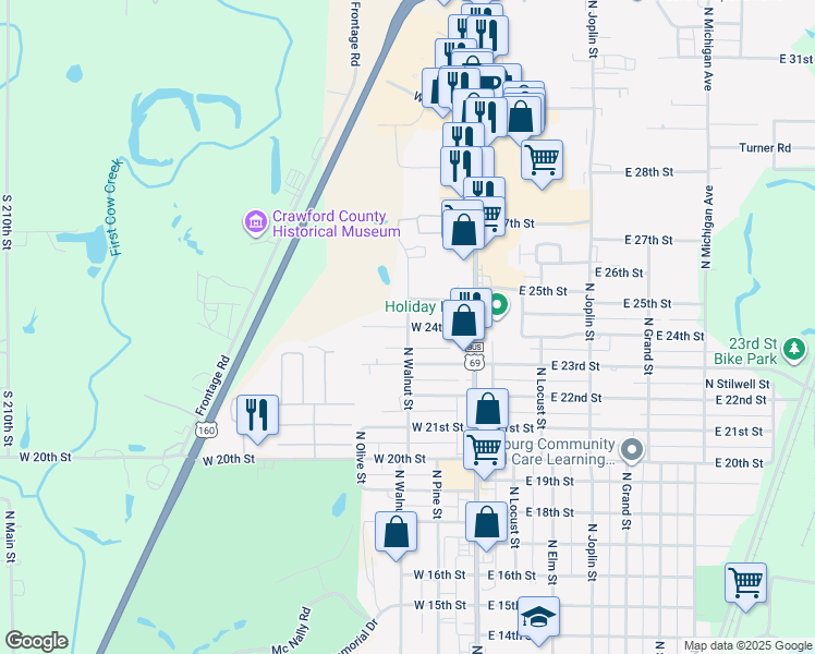 map of restaurants, bars, coffee shops, grocery stores, and more near 201 West 24th Street in Pittsburg