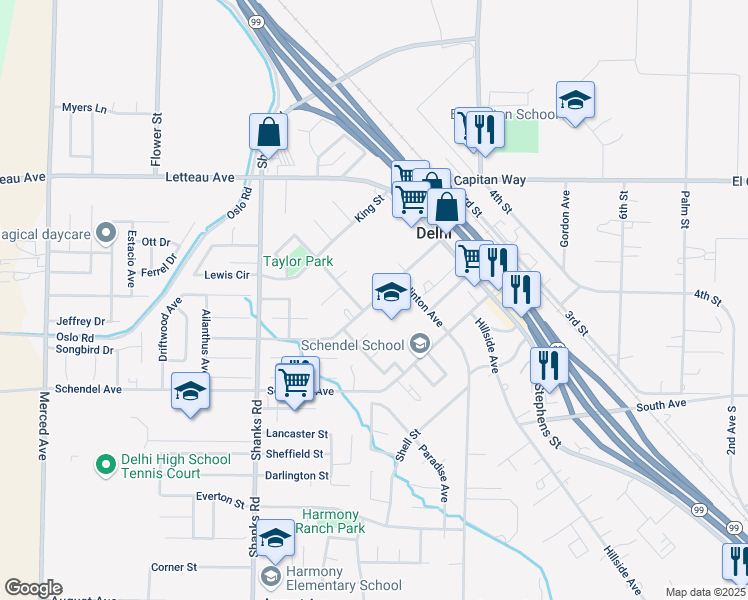map of restaurants, bars, coffee shops, grocery stores, and more near 16263 Delhi Avenue in Delhi